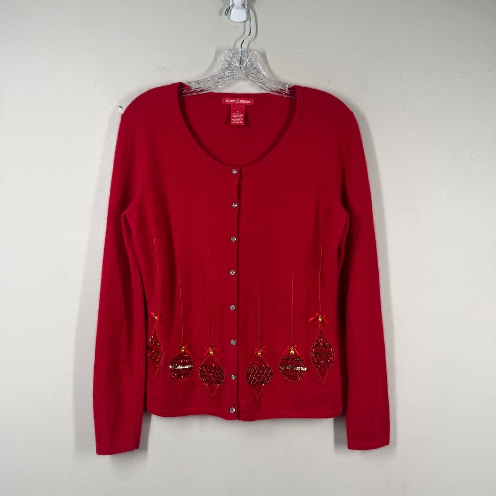 Merry & Bright Red Angora Wool Blend Holiday Ornament Sequin Cardigan Sweater S